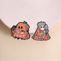 Broche en alliage de zinc émaillé vintage, plaqué nickel noir, imprimée UV, motif Halloween, Jour des Morts, fantôme, floral, squelette, vente en gros