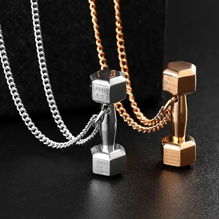 18K Gold Black Dumbbell Fitness Men Punk Necklaces Pendants Chain for Boyfriend Male Creativity Gift Jewelry
