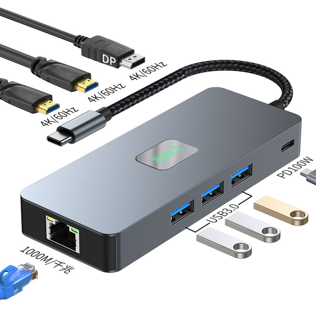NKIWI 8 In1 USB C Hub Adapter 4K Dual HDTV 100W PD USB 3.0 RJ45 Ethernet Aluminum Alloy Docking Station in Stock