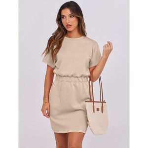 FOXA Womens Casual Short Sleeve Crew Neck <b>Elastic</b> Waist Mini T Shirt <b>Dress</b> With Pockets Daily Wear 100 Cotton Knitted Loose - Product Image 2