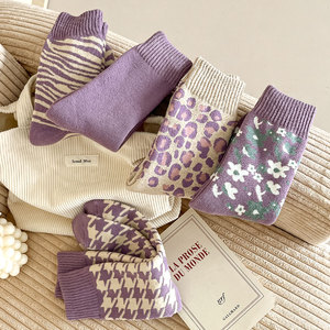 <span class=keywords><strong>Calcetines</strong></span> de rizo de longitud media morados de Taro de fantasía para <span class=keywords><strong>mujer</strong></span>, patrón de rayas gruesas con forro polar, cálido, de moda, talla única para todos DIZHIFEI - Product Image 4