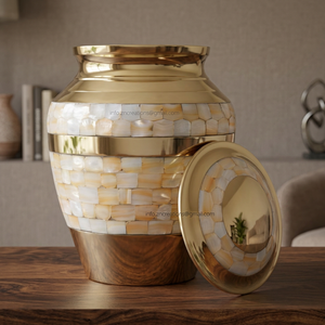 Premium Mother of Pearl Brass Cremation Urns for Human Ashes Brass Urn with MOP Inlay Handcrafted Ashes Urns from India - Product Image 2