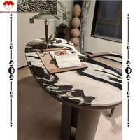 Ensemble de table à manger personnalisée en marbre blanc Panda avec 6 chaises, design luxueux, marbre blanc à veines noires, table ronde