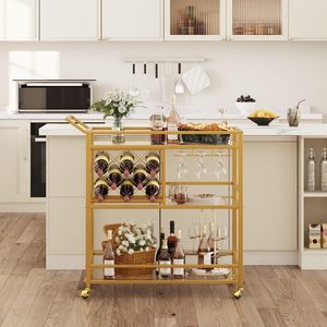 Chariot de bar moderne SENYU en or avec porte-bouteilles et porte-verres, chariot de service portable pour la maison et la cuisine - Product Image 2