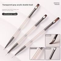 Ensemble de 3 pinceaux à double extrémité pour nail art, style japonais, manche transparent gris en acrylique, poils en nylon, pour gel UV, dessin, salon et usage domestique