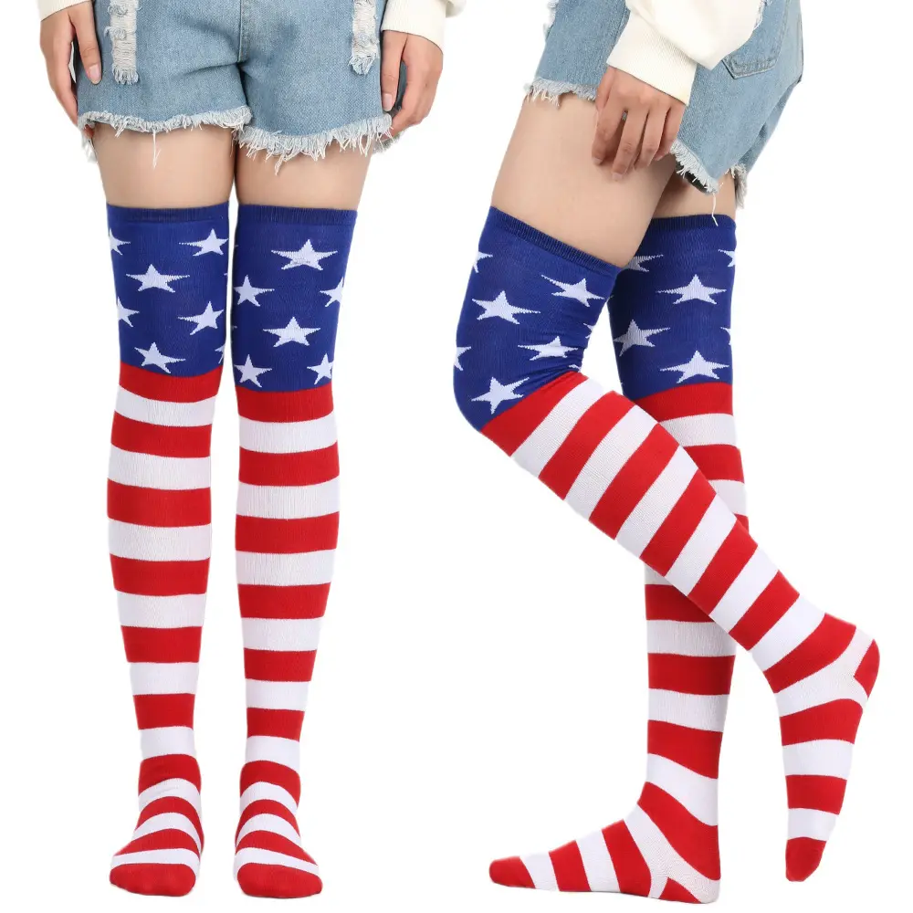 American Flag Patriotic USA Flag Stars Pattern Stocking Red White Blue Stars Striped over Knee Socks Thigh High Socks for Women