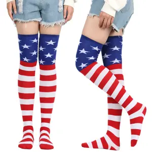 美国国旗爱国美国国旗星星图案袜子红色白色蓝色星星条纹过膝袜子大腿高筒袜女性