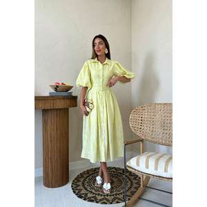 Wholesale XL <b>Yellow</b> Pleated <b>Balloon</b> Sleeve Knee-Length Floral Print Translucent Modest Formal Vintage Spandex Lining for Day - Product Image 4