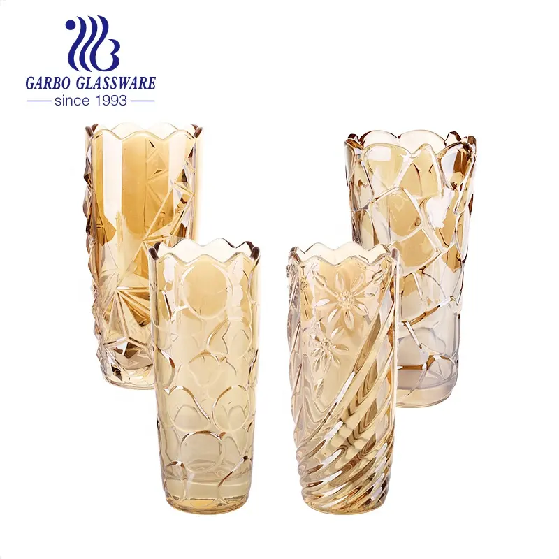 Amber Electroplated Golden Brown Glass Vase Thick Base Flower Vase for Middle East Market Egypt Hot Selling Glassware Vase
