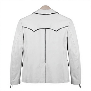 <b>Men's</b> White Notched Lapel Blazer Single Breasted With <b>Black</b> Trim Pockets Regular Sleeve Wool Blend Coat - Product Image 2