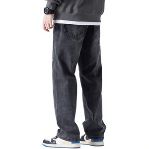 Jean en denim noir délavé coupe droite pour homme, coupe ample, décontracté, taille mi-haute, en coton, style automne - Product Image 6