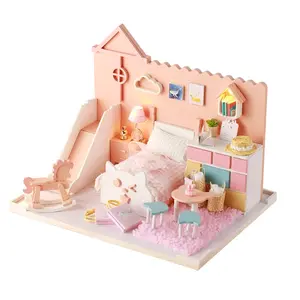 Meow Meow — Kit en bois rose pour enfants, petite maison de poupées, fait à la main, DIY, bricolage