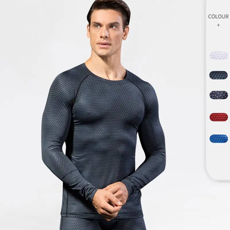Workout Athletic Gym Compression Shirt Polyester Quick Dry Fitted Long Sleeve Shirts Men