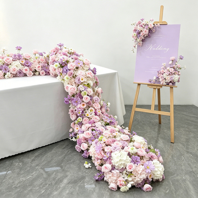 Handmade Pink Purple Plastic Artificial Flower Table Runner Rose Floral Garland for Wedding Valentine's Day Aisle Table