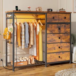 Cómoda rústica marrón <span class=keywords><strong>de</strong></span> 6 cajones con tapa <span class=keywords><strong>de</strong></span> <span class=keywords><strong>madera</strong></span> y paneles <span class=keywords><strong>de</strong></span> rejilla contemporáneos, con perchero para ropa, ideal para dormitorio o armario <span class=keywords><strong>de</strong></span> sala <span class=keywords><strong>de</strong></span> estar. - Product Image 1