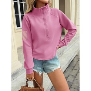 Sudadera Corta para Mujer, Cuello Henley, Botones a Presión, Manga Larga, Acanalada, Corte Holgado, Informal, Otoñal, Transpirable - Product Image 3