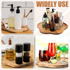 Wooden Rotating <b>Tray</b> <b>Storage</b> Organizer For Bathroom Toiletries And Kitchen Condiments Irregular Shape Non Slip Base - Product Image 4