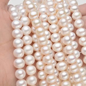 Perles d'eau douce naturelles de 9-10 mm, perles en vrac, blanc rose, forte luminosité, micro défauts, pour la fabrication de colliers semi-finis faits à la main - Product Image 1