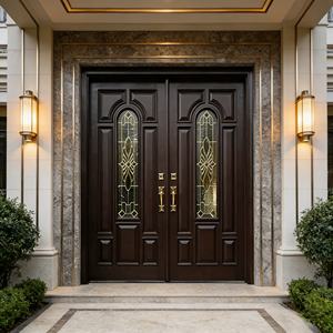 Portes d'entrée doubles en verre anti-effraction de haute qualité en bois massif pour villas contemporaines - Product Image 1