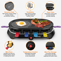 Multifunktionaler Rauchfreier Elektrischer Raclette-Grill Antihaft-Grillplatte Mit 8 Mini-Pfannen und Spateln für Familienfeiern und BBQ