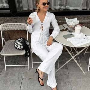 Enyamiファッションホワイトレースアップカーディガン長袖パンツワイドレッグパンツツーピーススーツスプリングレジャー<span class=keywords><strong>2</strong></span>ピースセット - Product Image 2