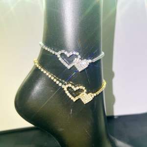 Bracelet de cheville en or 18 carats plaqué or, avec cristaux de diamant scintillants, double cœur d'amour, pour femmes, bijoux de pied - Product Image 2