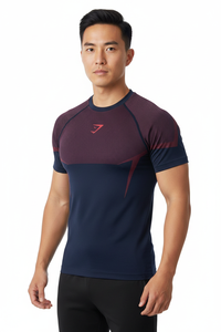 T-shirt sportif à manches courtes pour homme avec motif color block, séchage rapide, coupe ajustée, col rond, en polyester tricoté - Product Image 1