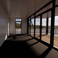 Maison préfabriquée à deux étages avec revêtement en bois grainé, bâtiment modulaire compact avec terrasse et escalier extérieur pour habitation