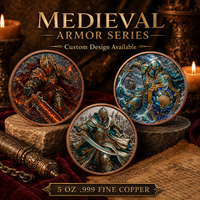 Pièce de monnaie moulée en cuivre pur 999 de 5 oz, électroplaquée, personnalisée, guerrier coloré en relief 3D, série Armure Médiévale, édition UV pour collectionneur