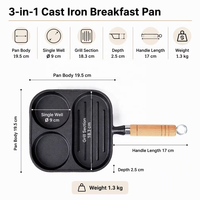 Poêle à frire en fonte non revêtue 3-en-1 |   Poêle à frire divisée en 3 sections |   Ustensiles de cuisson pour cuisinière à gaz et à induction pour petit-déjeuner, omelette, saucisse
