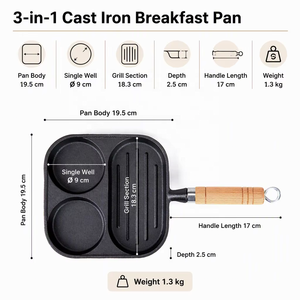 Sartén <span class=keywords><strong>de</strong></span> Hierro Fundido sin Recubrimiento 3 en 1 |   Sartén Dividida en 3 Secciones |   Utensilios <span class=keywords><strong>de</strong></span> Cocina para Estufas <span class=keywords><strong>de</strong></span> Gas e Inducción, para Desayunos, Omelettes y Salchichas - Product Image 4