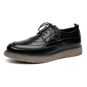 真皮皮鞋舒适系带布洛克设计黑色天然橡胶外底真皮礼服鞋