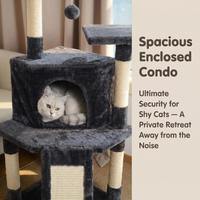 Structure d'escalade compacte pour chat à 3 niveaux de 102 cm avec panneau E1, niche en peluche, rampe en sisal et perchoirs, emballage en carton pour présentation en animalerie