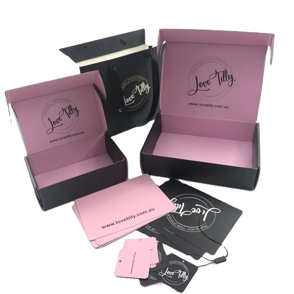 卸売高品質カスタムサイズ段ボール箱黒とピンクの化粧品セット郵便郵送ボックス化粧品用