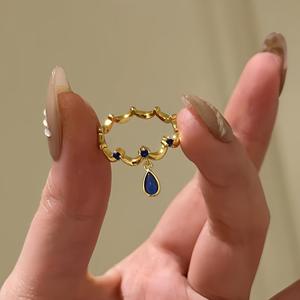 Klein Blue S925 Pure <b>Silver</b> Retro Palace Feng Shui Ring Mysterious Water Drop Blue <b>Skirt</b> Lace Drop Diamonds Fashionable Art Ring - Product Image 1