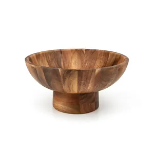 Decorative Kitchen Counter Footed Wooden Bowl For Serving Fruit Acacia Wood Fruit Bowl With Base