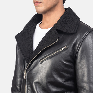 Veste en cuir pour homme, style streetwear, coupe slim, fermeture éclair, fourrure, marque privée, noire, poids lourd - Product Image 5
