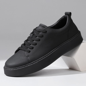<b>Matte</b> Black Low Top Deck Shoes Classic Lace Up Skate Shoes Sturdy Stitching Soft Breathable Leather For Daily Street Outfit - Product Image 1