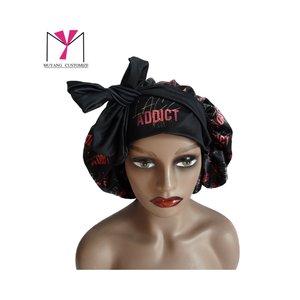 MUYANG New product CUSTOMIZE Full Logo Round Satin <b>Bonnet</b> With Elastic Tie Printed Pattern For Women 56-58CM Home Use - Product Image 6