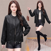 Veste en similicuir pour femme, col montant, fermeture éclair sur le devant, ourlet à cordon de serrage, œillets métalliques, poignets côtelés, look streetwear automne