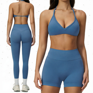 Ensemble de 2 shorts de yoga rayés sans couture à séchage rapide en Spandex/Nylon avec bretelles croisées et taille élastique pour la gym et le fitness - Product Image 6