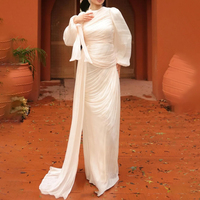 Robe de soirée longue de luxe islamique Eid Dubaï à manches lanternes pour femme, élégante, modeste, plissée, en satin, pour fête, Abaya musulmane, vente en gros