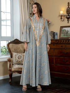 Vestido de noche largo para mujer, tipo túnica de malla, decorado con bordados y lentejuelas - Product Image 5