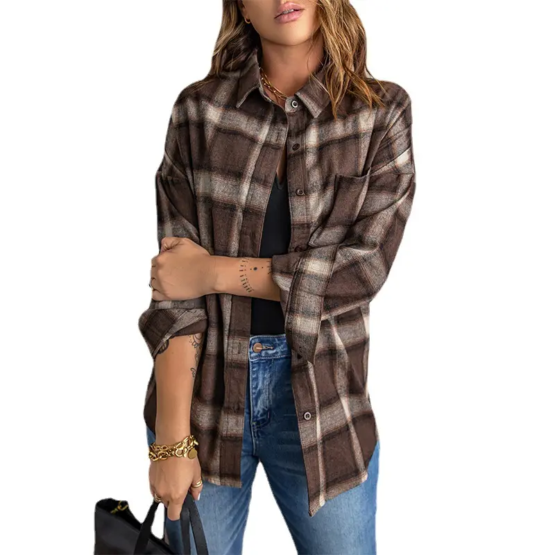 Fashion design stand collar long sleeve printed flannel plaid shirts for women