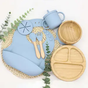 Hot Sell Bamboo Silicone Baby Feeding Set Plate Bowl Spoon Fork Sippy Cup Tableware Baby Dining Set