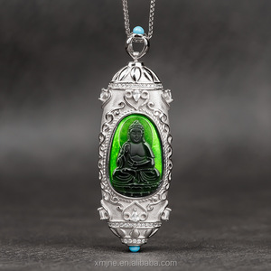 Grado naturale A giadeite inchiostro giada santo patrono dello zodiaco S925 argento intarsiato Dzi perline vita Buddha ciondolo semi di ghiaccio di giada - Product Image 2