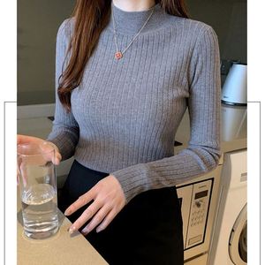 I-0382 Pull en tricot à col montant pour femme, manches longues, couleur unie, coupe ajustée, décontracté, avec logo frontal, en acrylique - Product Image 6