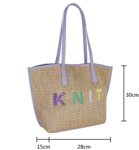 Sac fourre-tout en paille de luxe pour femme, personnalisable avec logo, pour la plage, l'été, l'automne, le printemps, avec bandoulière perlée scintillante, idéal pour les courses - Product Image 3