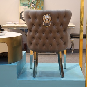 Sedie da Sala da Pranzo con Gambe Cromate Argento, Sedute in Velluto Rosa, Schienale con Anello a Testa di Leone, Sedia da Pranzo in Acciaio Inossidabile - Product Image 4