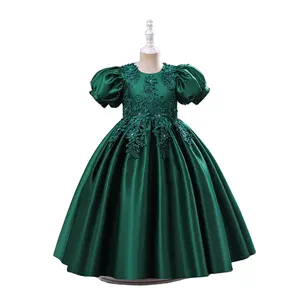 New style bubble sleeved princess evening dress for girl 2-10 year pink beading party dress girls birthday flower wedding dress